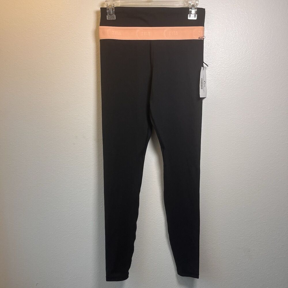 Zyia Active Light n Tight Peach Band Hi-Rise Leggings Black 28" M